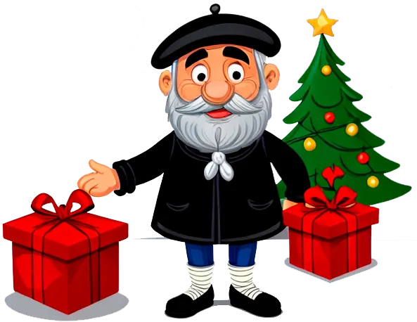 Olentzero junto a dos regalos y un árbol de Navidad