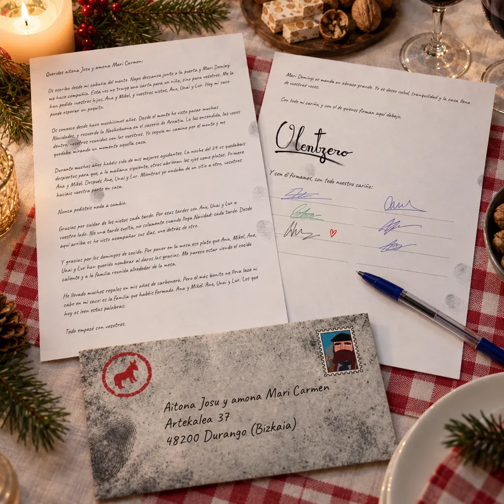 La carta de Olentzero para aitona Josu y amona Mari Carmen en una mesa de Nochebuena: la primera hoja, la segunda firmada por la familia y el sobre a su nombre