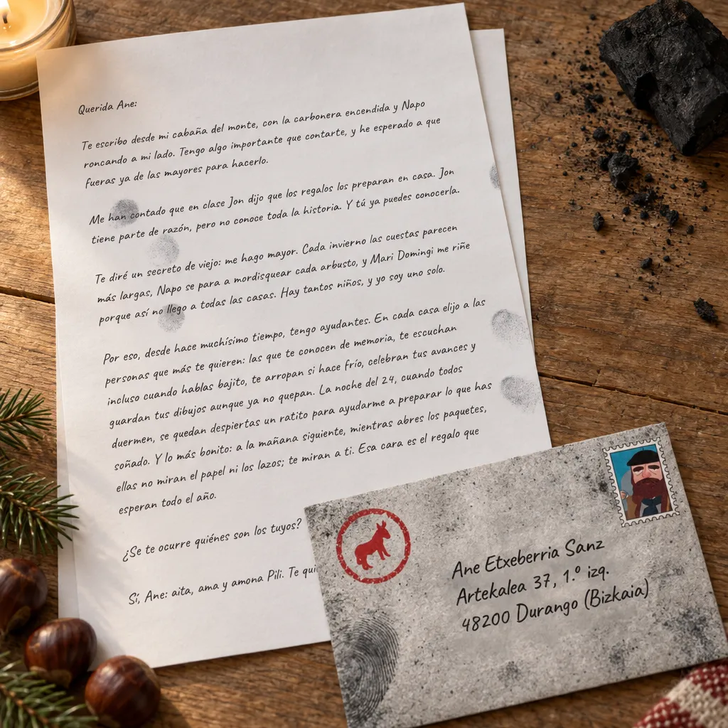 La carta del secreto de Olentzero para Ane y su sobre manchado de carbón, con el matasellos del burro Napo, sobre una mesa de madera con un trozo de carbón, castañas, pino y una vela