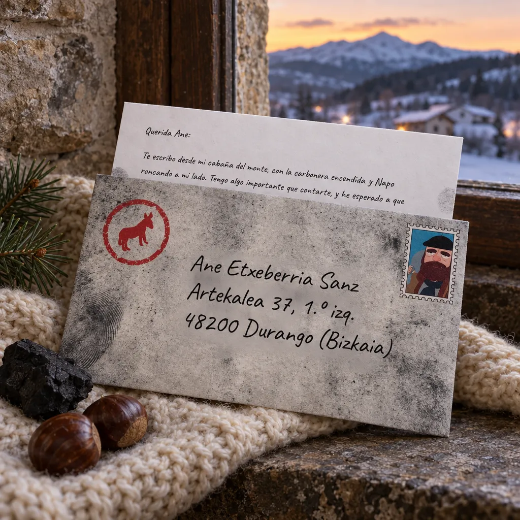 El sobre de la carta del secreto, gris y manchado de carbón, con el matasellos rojo del burro Napo, el sello de Olentzero y la carta asomando, junto a una ventana con montes nevados