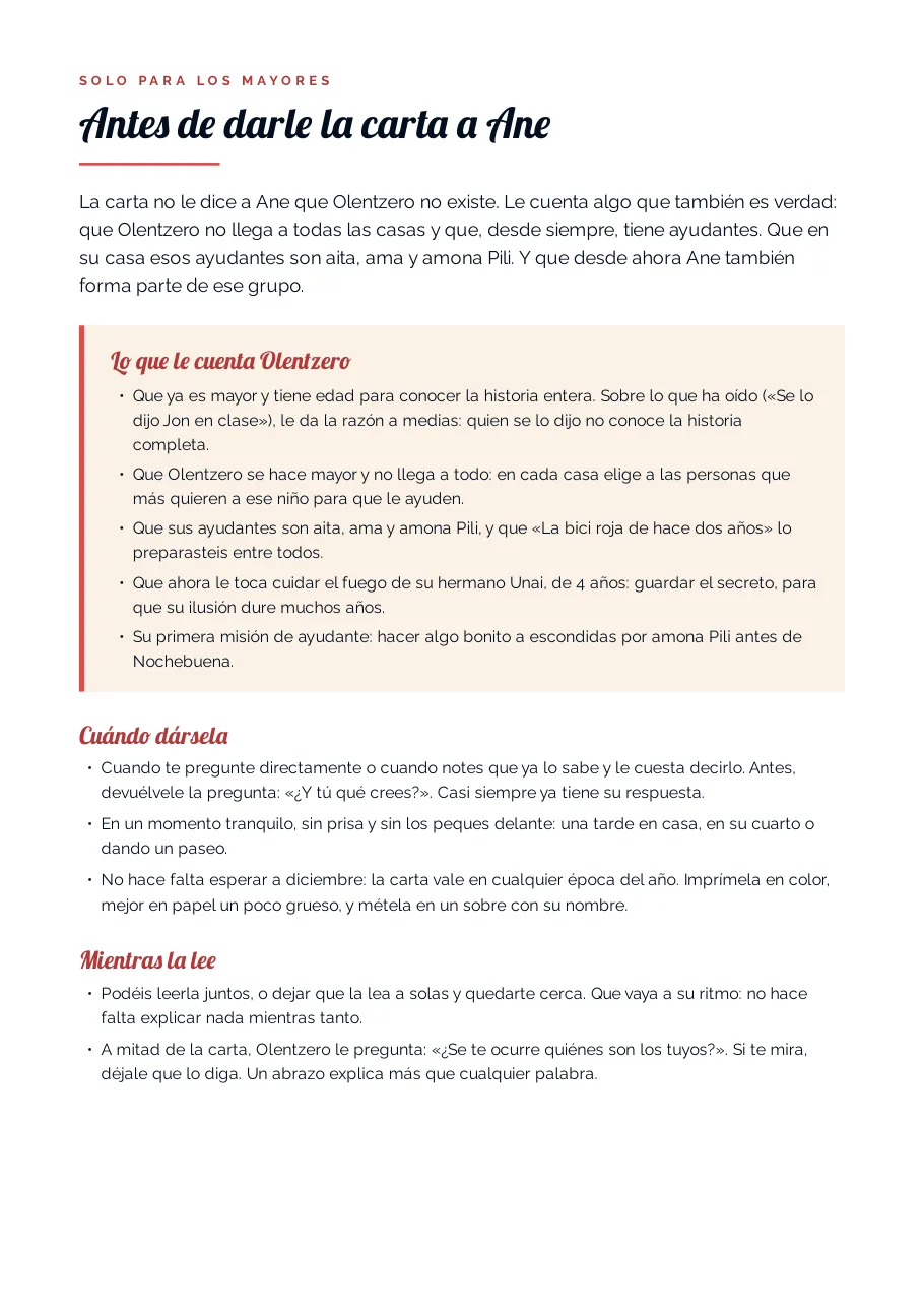 Primera página de la hoja para los padres: «Antes de darle la carta a Ane», con un resumen de lo que le cuenta Olentzero y consejos sobre cuándo dársela