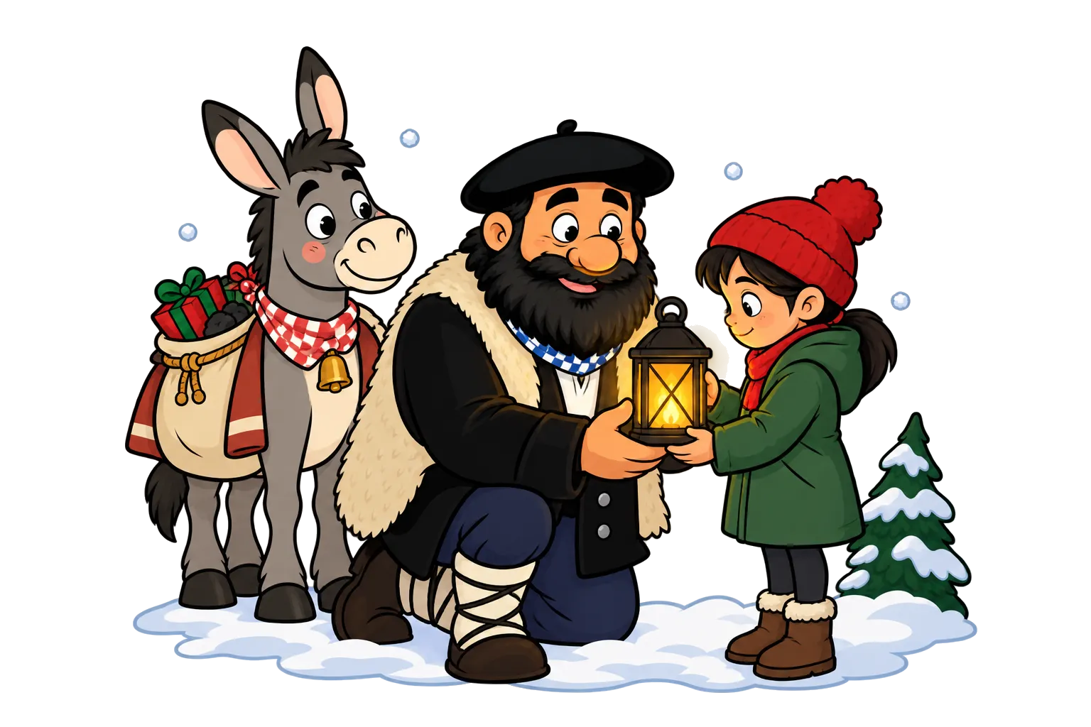 Ilustración: Olentzero, de rodillas en la nieve, entrega su farol encendido a una niña con gorro rojo, mientras el burro Napo los mira