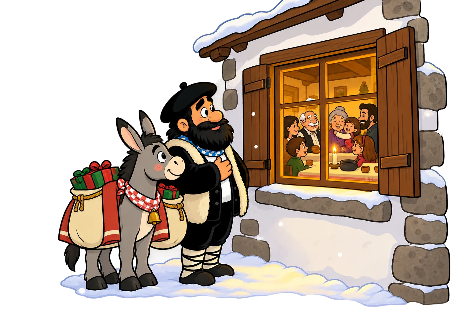 Ilustración: Olentzero, con la mano en el corazón, y el burro Napo miran desde la nieve por la ventana de un caserío la cena de Nochebuena de unos abuelos con sus hijos y nietos
