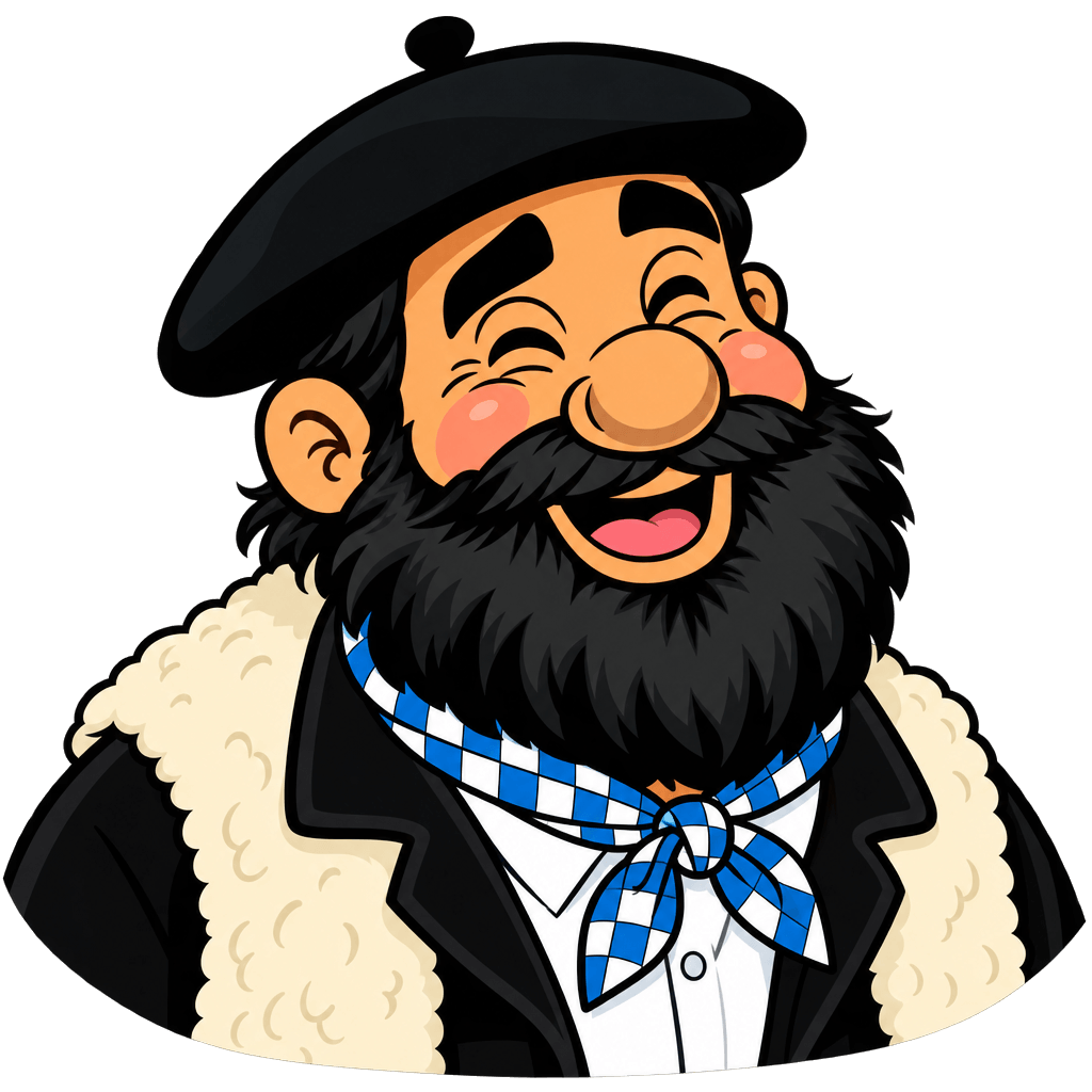 Cara de Olentzero riéndose en PNG, con txapela, barba negra y mofletes colorados
