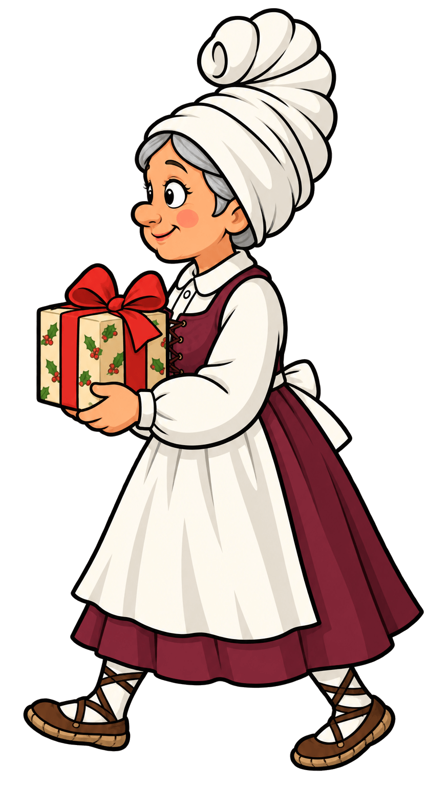 Mari Domingi PNG de perfil caminando con un regalo, con su tocado blanco alto y el delantal