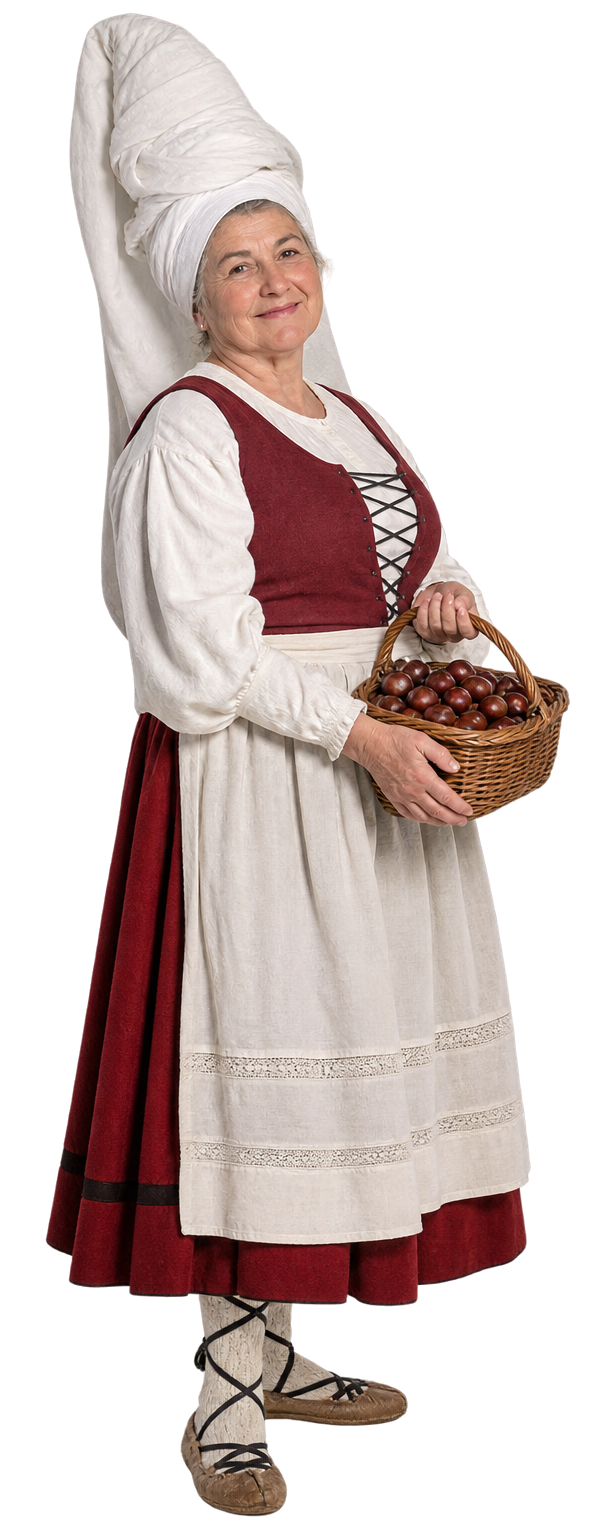 Imagen realista de Mari Domingi en PNG con el traje tradicional vasco, el tocado blanco y una cesta de castañas