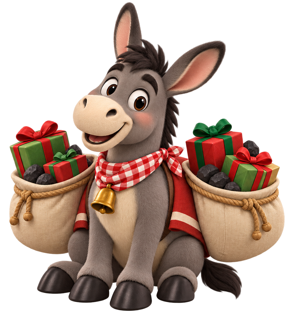 Napo, el burro de Olentzero, en 3D sentado con sus sacos de regalos, en PNG
