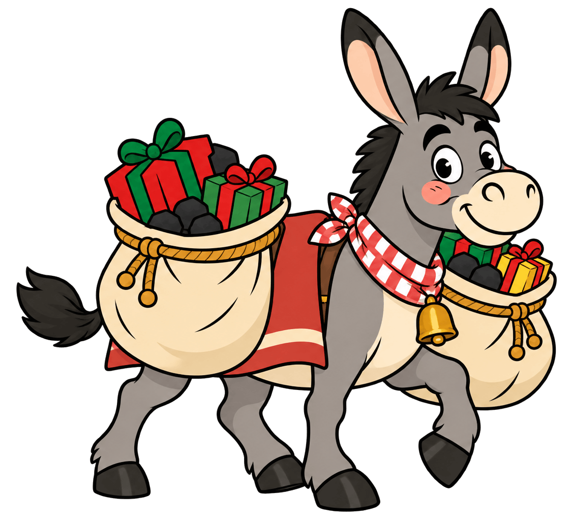 Napo, el burro de Olentzero, en PNG trotando con su pañuelo de cuadros, el cencerro y los sacos de regalos