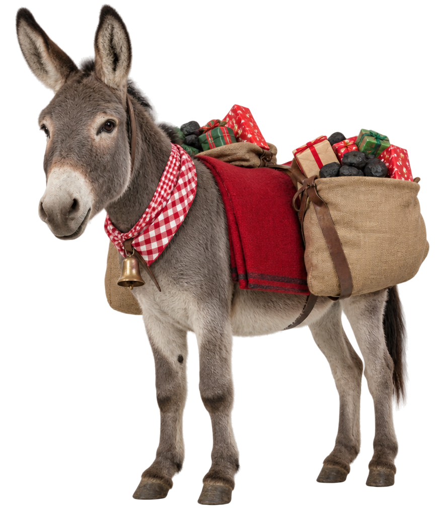 Burro gris realista en PNG con pañuelo de cuadros rojos, cencerro y sacos de regalos, como Napo, el burro de Olentzero