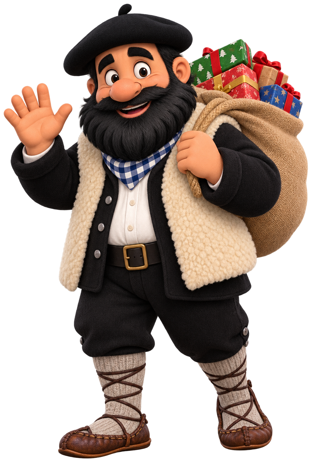 Olentzero en 3D, como de película de animación, saludando con el saco de regalos, en PNG