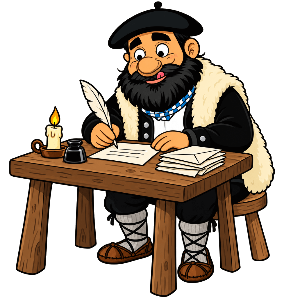 Olentzero escribiendo una carta con pluma en su mesa de madera, junto a una vela y un montón de cartas de niños, en PNG