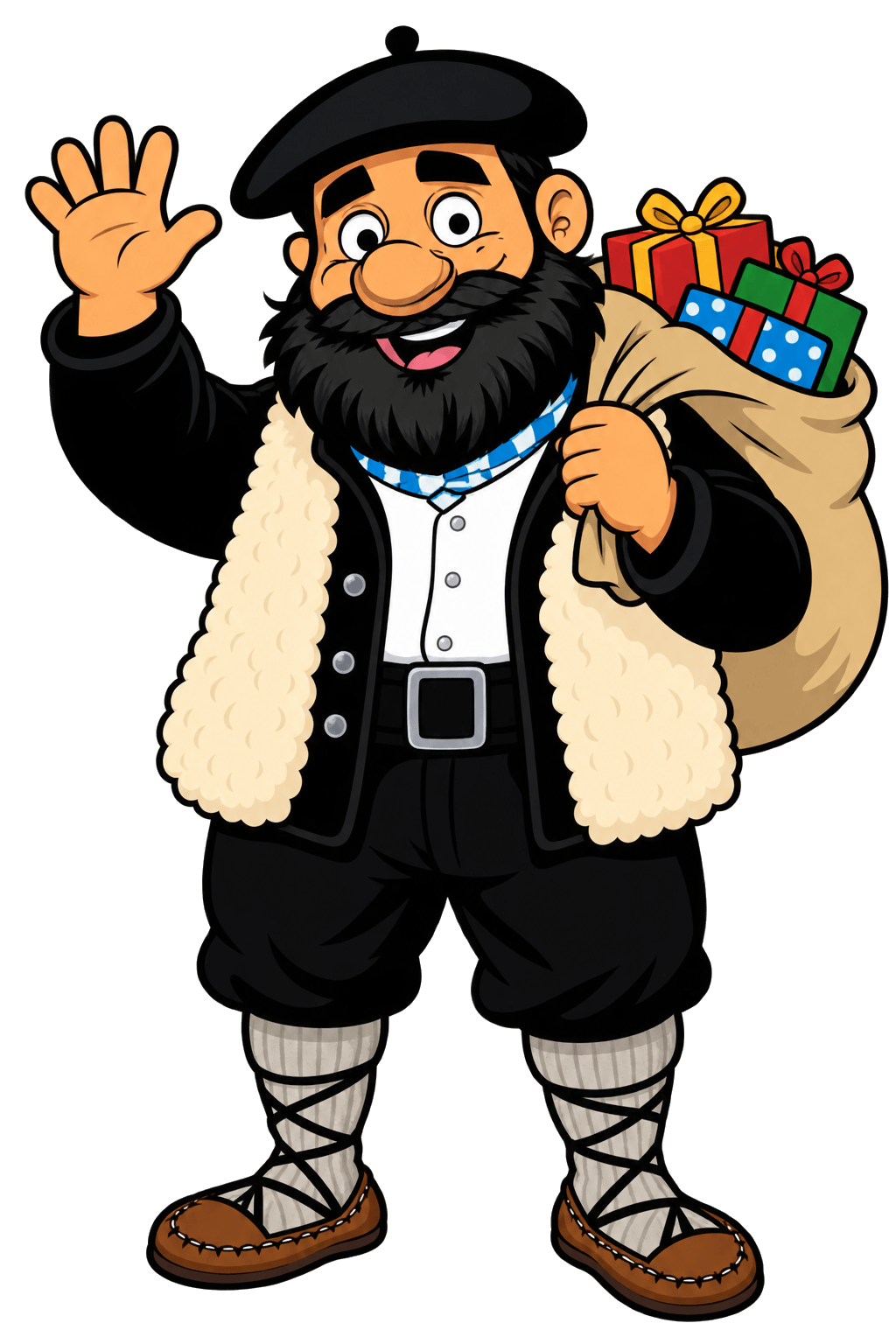 Olentzero PNG sin fondo, dibujo animado de cuerpo entero saludando con la mano y el saco de regalos al hombro