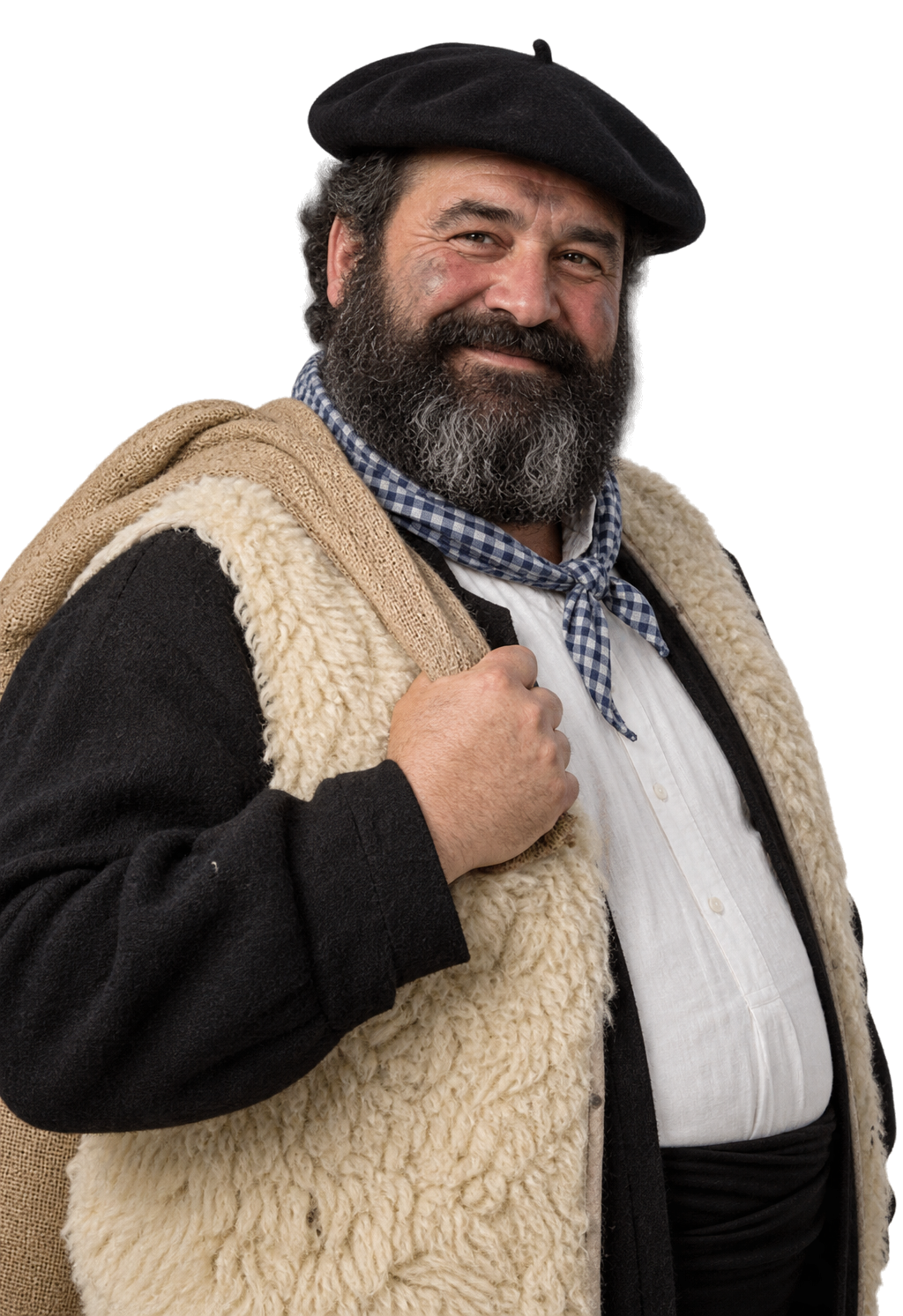 Imagen realista de Olentzero en PNG, retrato con txapela, barba negra, pañuelo de cuadros y chaleco de piel de oveja