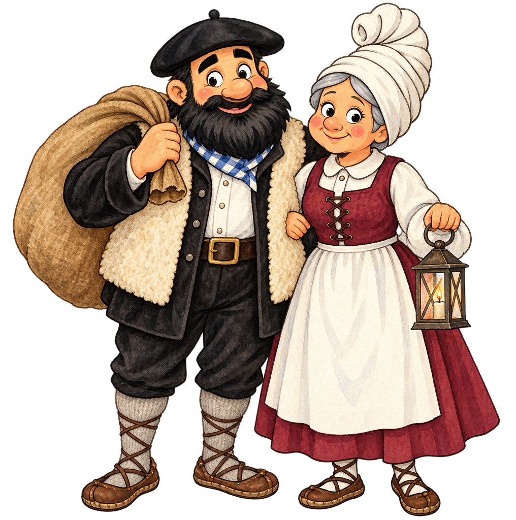 Olentzero y Mari Domingi en PNG, ilustración de cuento, ella con un farol y él con el saco