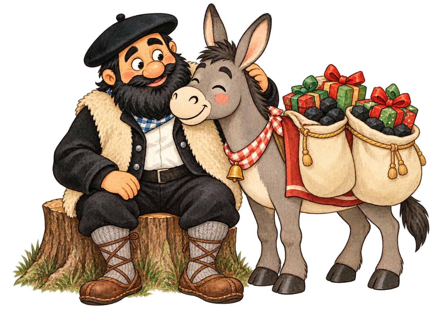 Olentzero sentado en un tocón con su burro Napo, ilustración de cuento en PNG