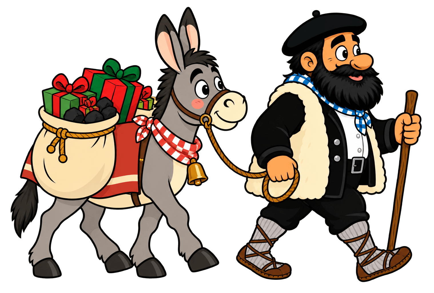 Olentzero y su burro Napo caminando de perfil en PNG, Napo cargado de regalos y carbón